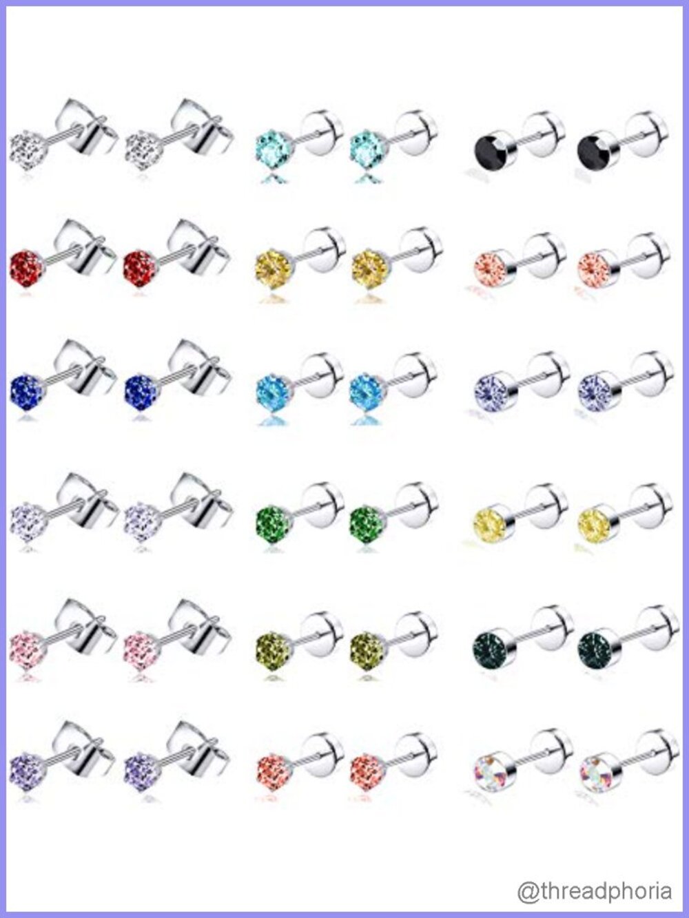 18 Pairs Stainless Steel CZ Stud Earrings Set 20G Screwback Cartilage Helix